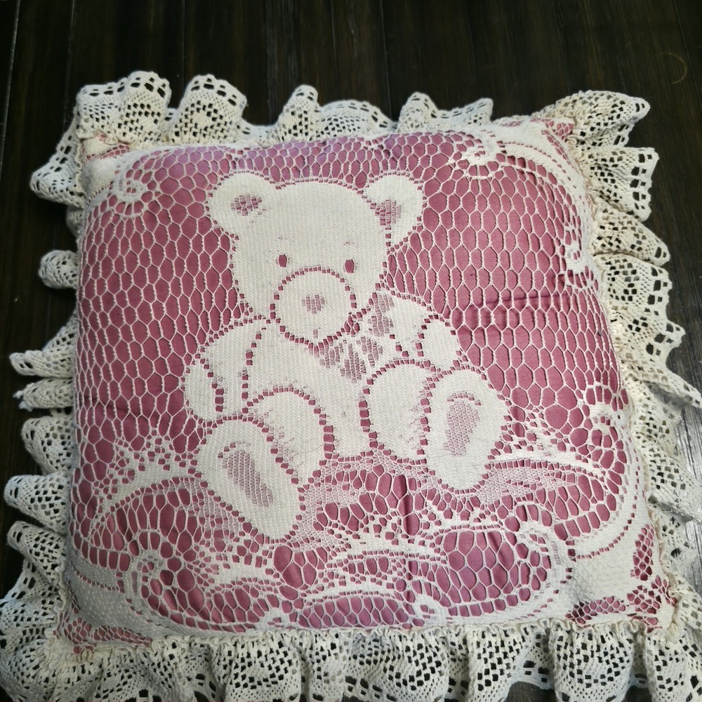 Vintage Pink Lace Teddy Bear Throw Pillow Decorative Ruffle Trim Cottagecore